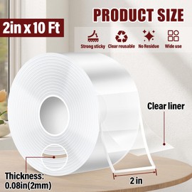 Navona Double Sided Tape Heavy Duty, 2In x 10Ft Removable Nano Adhesive Tape, Mounting Tape for Walls, Home & Office, Transparent Multi-Purpose Tape