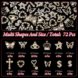 72 Pcs Gold Crown Nail Charms, Luxury Dollars Crosses Nail Gems and Charms, Golden Heart Butterfly Star Metal Nail Gems, 3D Star Heart Nail Rhinestones Gems Gold Charms for Nail Art DIY