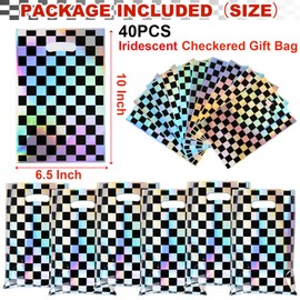 40Pcs Race Car Theme Iridescent Checkered Treat Candy Bags,Race Car Goodie Bags,Race Car Party Favors Bags,Race Car Theme Black and White Iridescent Laser Checkered Gift Bags for Birthday Party Decor Supplies