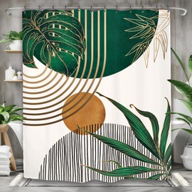 Yookeb Abstract Emerald Green Bathroom Shower Curtain 60W by 71H Inch Modern Minimalist Vintage Leaves Mid Century Aesthetic Leaves Plant Geometric Polyester 12 Plastic Hooks Waterproof Decor