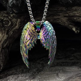 bahamut Guardian Angel's Wings Necklace for Men Women Stainless Steel Colorful/Gold/Silver Wings Pendant,Cool chain (Colorful Wings)