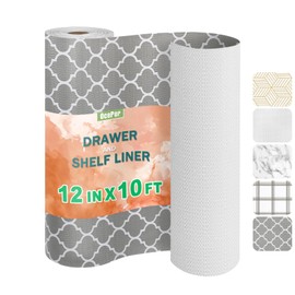 Non-Adhesive Drawer and Shelf Liner 12IN x 10FT，Non Slip Cabinet and Cupboard Liner, Kitchen Cabinet Liners for Shelves, Waterproof Drawer Shelf Liners for Cabinets/Bathroom Cupboard, Gray Quatrefoil