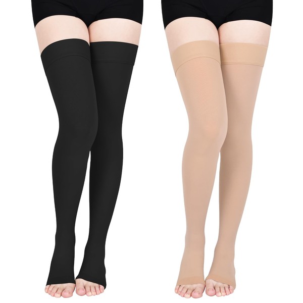 Wegitcs 2Pair 20-30mmHg Compression Stockings for Women, Open-Toe Thigh High