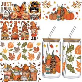 ROMODIYA Fall UV DTF Cup Wraps 5 Sheets Vintage Transfer Stickers for 16 oz Glass，Autumn Maple Leaf Pumpkin Butterfly Dwarf UV DTF Decals Waterproof Rub On Transfers for Thanksgiving Party DIY Crafts