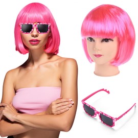 Ladies Short Bob Hair Wig, Costume Cosplay Wigs Daily Party Hairpiece for Women Girls, Bob Colorful Wigs Fancy Dress Accessory for Disco Bachelorette Party Night Club, with Sunglasses, Neon Pink