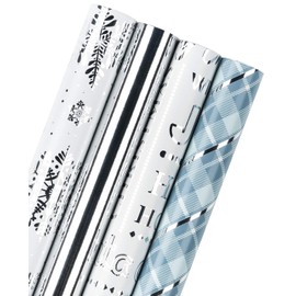 RUSPEPA Wrapping Paper Roll - Silver and Blue Grid Paper with Glitter Metallic Foil Shine - 4 Rolls - 76cm X 305cm Per Roll