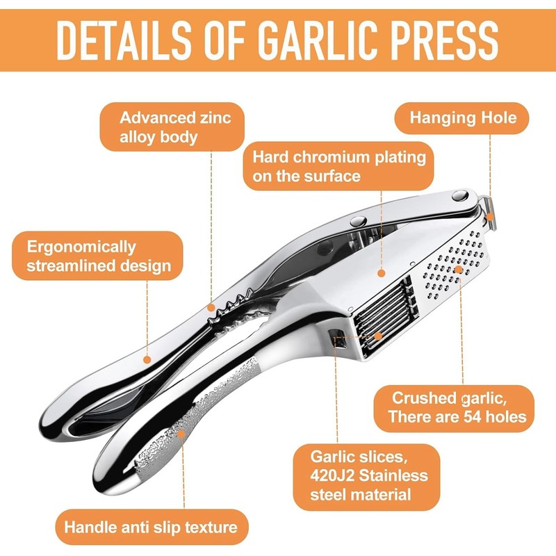 Garlic Press 2 in 1, Stainless Steel Blade, Effortlessly Crush,