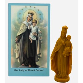 Westmon Works Our Lady of Mount Carmel Statue Mini Plastic 3 Inch Figurine and Holy Prayer Card Set