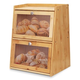 Bread Box for Kitchen Countertop, 2 Layer Bamboo Bread box Holder Large Capacity Bread Storage Container for Homemade Bread Farmhouse Breadbox Organizer for Kitchen Counter Corner, Pantry Shelf