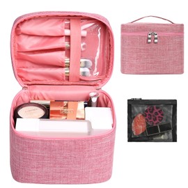 Large Makeup Bag Travel Makeup Cosmetic Bag Case Organizer Makeup Pouch with Mesh Bag Makeup Brush Holder Bag Toiletry Bags for Women - Pink