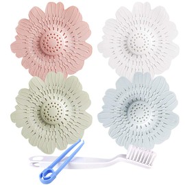 Daily Treasures 4Pack Drain Hair Catcher, Colorful Flowers Shape Hair Stopper Drain Protector Covers with 1Pcs Cleaning Brush-Easy to Install and Clean Suit for Bathroom Bathtub Laundry Kitchen Filter