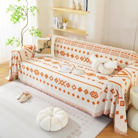 Tritard Boho Couch Cover Reversible Bohemian Sectional Couch Covers Orange Sofa Loveseat Covers Chenille Cushion Covers with Tassel Washable Couch Protector for Dogs Cats Pet Futon Cover (71"-118")