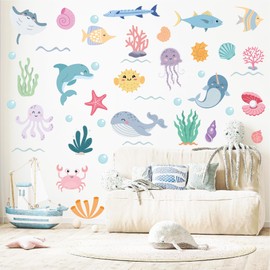Wall Stickers Decor for Kids Room DIY Sea Animals Wall Decal Seafloor Creatures Kids Wall Stickers for Bathroom Bathtub Nursery Kindergarten 5 Sheets