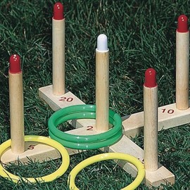 S&S Worldwide Wooden Ring Toss Set. 17" x 2-1/2" Cross Bar Design with 5 Color Scoring Pegs and Four 5/8" Thick Plastic Rings.