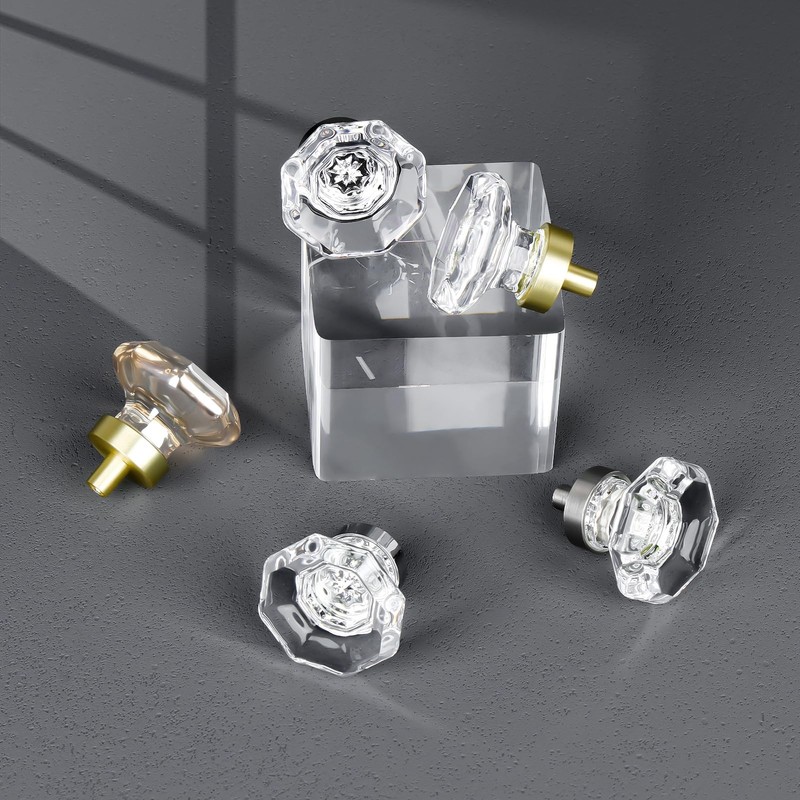 HIEMEY Gold Crystal Glass Cabinet Knobs, Satin Brass Pulls and