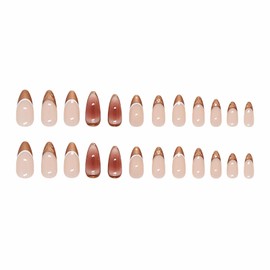 MERVF Almond Press on Nails Medium Fake Nails Gold French Tip Glue on Nails Brown Aura Gradient Press ons Acrylic Stiletto Fall False Nails with 3D Design Glossy 24pcs