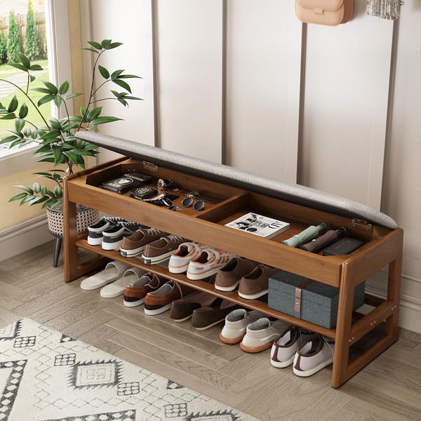 IUNVR Shoe Rack Bench with Cotton-Linen Cushion 2-Tier Wooden Storage