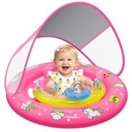 Baby Pool Float with UPF50+ Sun Protection Canopy, Inflatable Unicorn Baby Swim Float with Double Air Chambers, Adjustable Safety Seat & Toy Console Toddler Pool Float for 6-36 Months Boys Girls