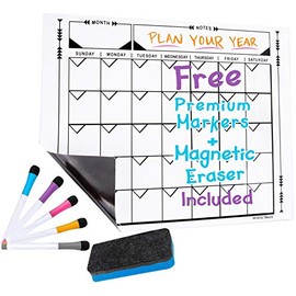 Magnetic Refrigerator Calendar Set: Large Magnetic Calendar for Refrigerator, Dry Erase Calendar with Magnetic Eraser and Fine Tip Markers, 17” x 13”