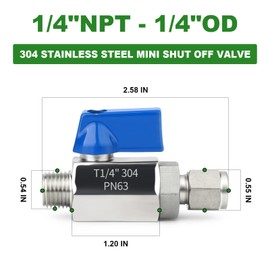 TAISHER 2PCS 304 Stainless Steel Compression Mini Ball Valve Shut Off Switch, 1/4" Tube OD x 1/4" NPT Male