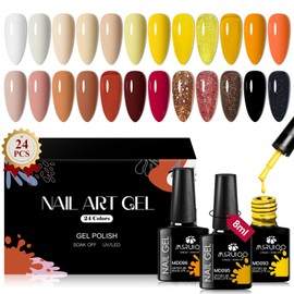 MSRUIOO 24Pcs Gel Nail Polish Kit, 24 Colors Orange Brown Nude Red Gel Polish Set Maple Leaf Black Nail Polish Soak off Uv Lamp Manicure Set Gift for Girl