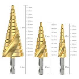 Flintronic HSS Step Drill, 3-Piece Step Drill Set, Peeling Drill Set, Exact Spiral Groove Taper Drill, 4 mm to 12/20/32 mm, Titanium-Coated Professional Metal Drill Bit Set for Metal, Wood, Plastic
