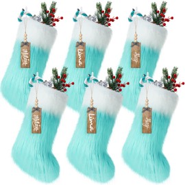 Floraltop 6 Pcs Faux Fur Christmas Stockings with 6 Stocking Name Tags, 18" Large Xmas Stockings Furry Elf Ornaments Christmas Hanging Ornaments for Fireplace Xmas Tree Decor(Cyan and White)