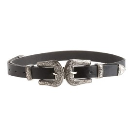 Trimming Shop Retro Women's Silver Double Buckle Faux Leather Hip Belt One Size Black, 95 cm, black
