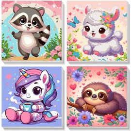 Pujeknm Pack of 4 Animals Paint by Numbers from 5 6 7 Years Girls with Frame Unicorn Sloth Alpaca Raccoon Painting by Numbers for Children Acrylic Paints with as a Gift, Medium 20 x 20 cm Cute Animals