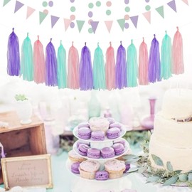 Pink-Purple Mint Mermaid Ocean-Themed Party-Decorations - 15pcs Tassel Garland Streamers Wedding Birthday Engagement Baby Bridal Shower Tassels Banner Decor Lasting surprise