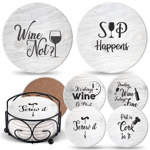 Coasters for Drinks Absorbents with Holder - 6 Pcs Gift Set with 6 Funny Sayings for Wine Lovers - Ceramic Stone with Corked Back, Unique Present for Housewarming, Living Room Decor
