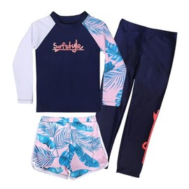 [Mon Ange] キッズ 水着 長袖 スイミング 3点セット 水遊び 男の子 女の子 セパレート みずぎ ラッシュガード 子供 スイムウェア (100, ネイビーXピンク)
