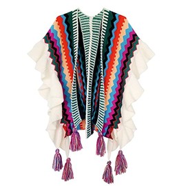 Urban CoCo Women's Knit Stripe Ethnic Flounced Bohemian Tasseled Poncho Shawl(Stripe Green)