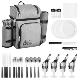 VEVOR Picnic Backpack, Beach Picnic Backpack Bag for 4 Person with Insulated Cooler Compartment, Detachable Bottle/Wine Holder, Lightweight Blanket, Plates and Cutlery Set for Hiking & Camping, Grey