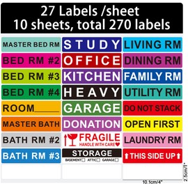 Hylabelest Pack of 270 Large Home Moving Labels for Boxes 25 Different Color Coded Stickers House Moving Supply, 1x4 Inch