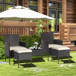 Tangkula 5 Piece Outdoor Wicker Sofa Set, Patiojoy Rattan Sofa Set with Coffee Table & 2 Ottomans, Rustproof Metal Frame, Soft Seat Cushions, Patio Conversation Set for Backyard, Poolside (Off White)