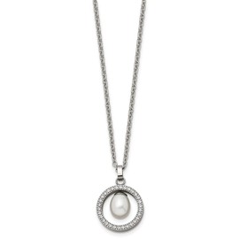 Sonia Jewels Solid Real Titanium CZ Cubic Zirconia and Freshwater Cultured Pearl Pendant Necklace Charm Chain - with Secure Lobster Lock Clasp 22"