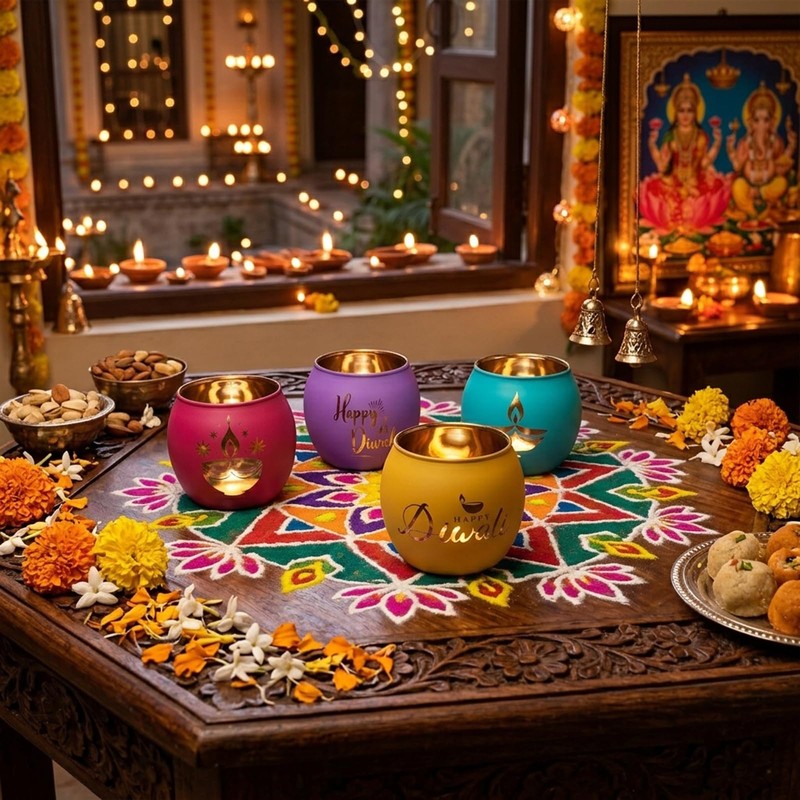 Glass Diwali Candle Holder - 4 Pcs Colorful Festival Tea