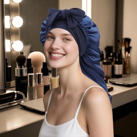 Flomiara Long Satin Bonnet, Large Silk Adjustable Sleeping Cap Skin Care, Cleaning, Makeup for Women Girl, Elastic & Soft Easy to Use Silk Sleep Braid Caps for Long Curly Hair with Tie Band, Navy