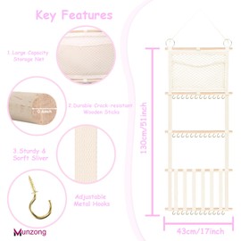 Munzong Headband Holder 52x17 inch, Hair Bow Organizer for Baby Girls, Beige Wall Hanging Wood Headband Organizers w/Storage Net, Hair Accessories Storage Hanger for Toddler Kids Nursery Room Decor