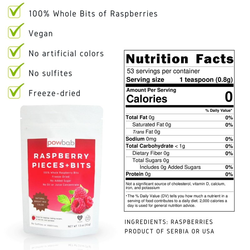 powbab Raspberry Pieces + Bits. Freeze Dried Raspberries for Baking