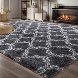 6X9 Soft Area Rug for bedroom living room Furry Big Plush Fuzzy Rugs Luxury Fluffy Rug for Girls Boys Kids Room Shaggy Carpet (6X9 Feet, Dark Grey/White)
