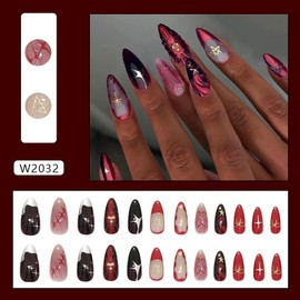 24Pcs Red French Tip Press on Nails Medium Almond Fake Nails with 3D Stars Swirl Designs False Nails Handmade Acrylic Nail Cute Full Cover Glue on Nails for Women