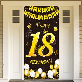 DPKOW Black Gold 18th Birthday Decoration for Boy Girl, Black Gold 18th Birthday Banner for Backdrop Door Decoration, Fabric 18th Birthday Background Banner for Garden Table Wall Decoration, 185x90cm