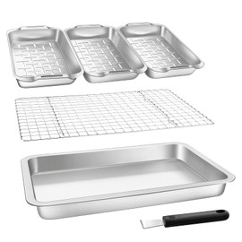 VIKEYHOME Grill Carry System, 6-Piece Stainless Steel Large Food Prep Tray, 16.5" x 11" Pan, Outdoor Grill with Cooling Rack for Vegetables, Fish, Meat, Great Grilling Gifts for Men