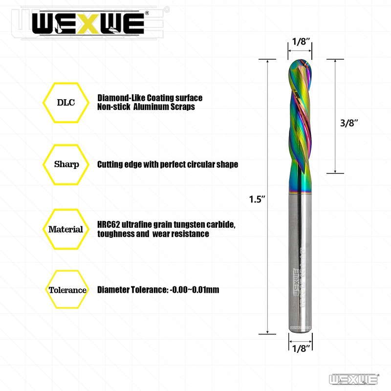 WEXWE Tools Ball Nose Carbide End Mill, DLC Coating, CNC