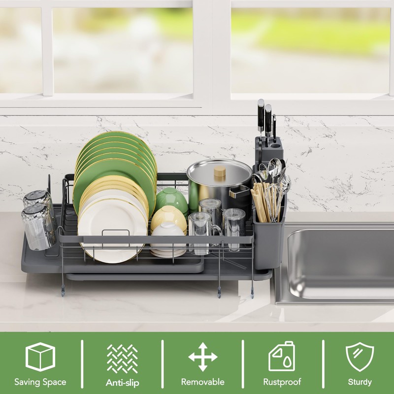 ROTTOGOON Expandable Dish Drying Rack,Multifunctional Adjustable Dish Drainer with Swivel