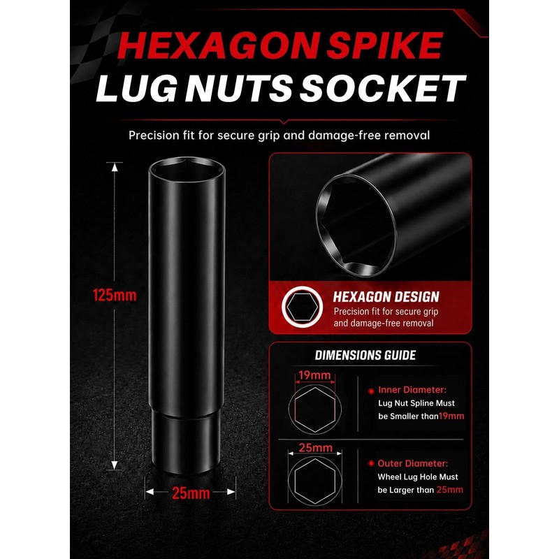 Sposuit Black Spiked Lug Nuts Key, Soild Socket with 19mm