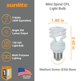 Sunlite 41462-SU Mini Spiral CFL Light Bulb, 9 Watts (40W Equivalent), Medium Base (E26), 500 Lumens, 10,000 Hour Life Span, 4100K Cool White 6 Count