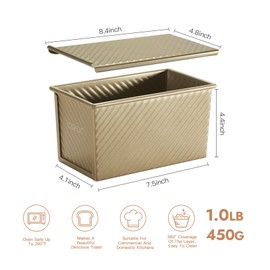 CURTA Pullman Loaf Pan with Lid1 lb Dough Capacity, Bakeware, with Non-Stick Coating, Bread Pan with Lid, Ripple Toast Box Mold, Champagne Gold 2 Sets